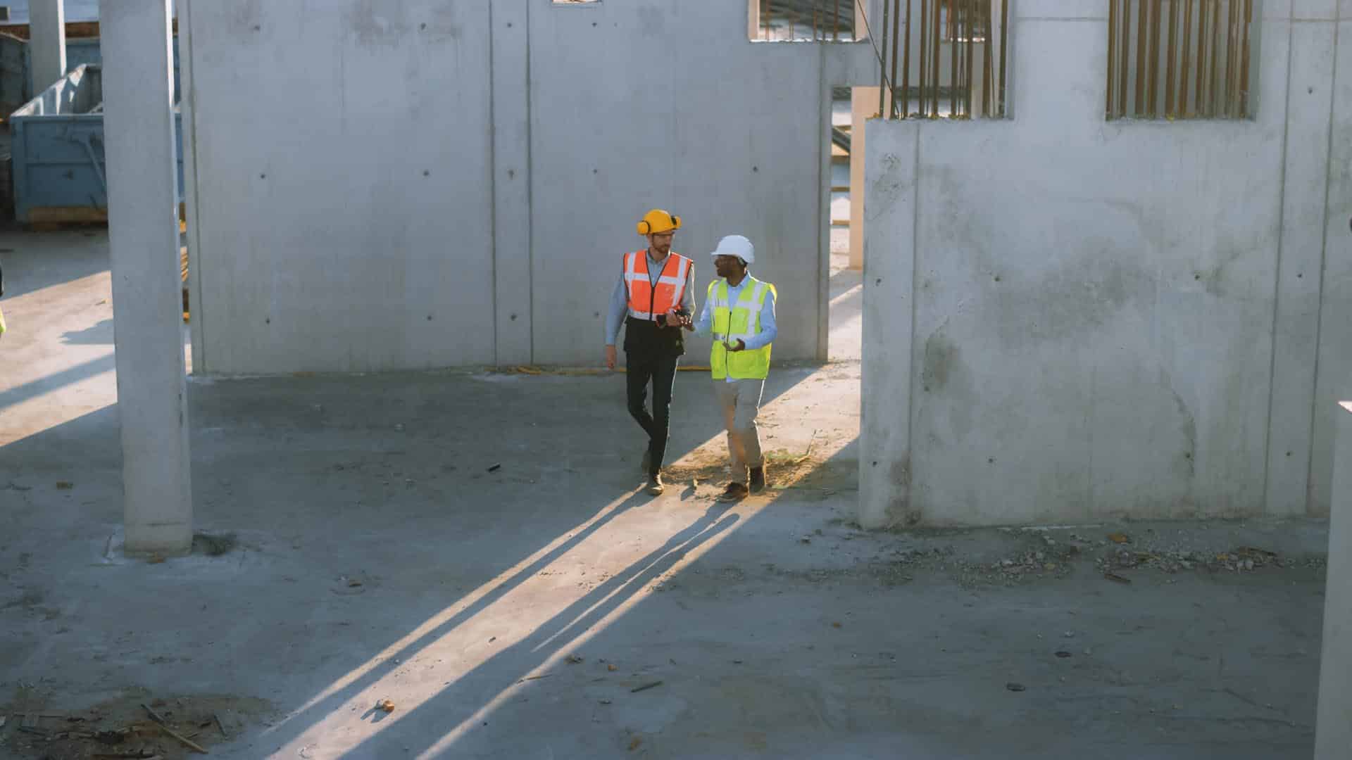 Two Multicultural General Contractors Taking A Walk Through Construction Site. Real Estate Building Project With General Male Workers Discussing Work And Development Details. They Wear Safety Gear.